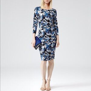 Reiss Zizzi  blue floral ruched long sleeve dress